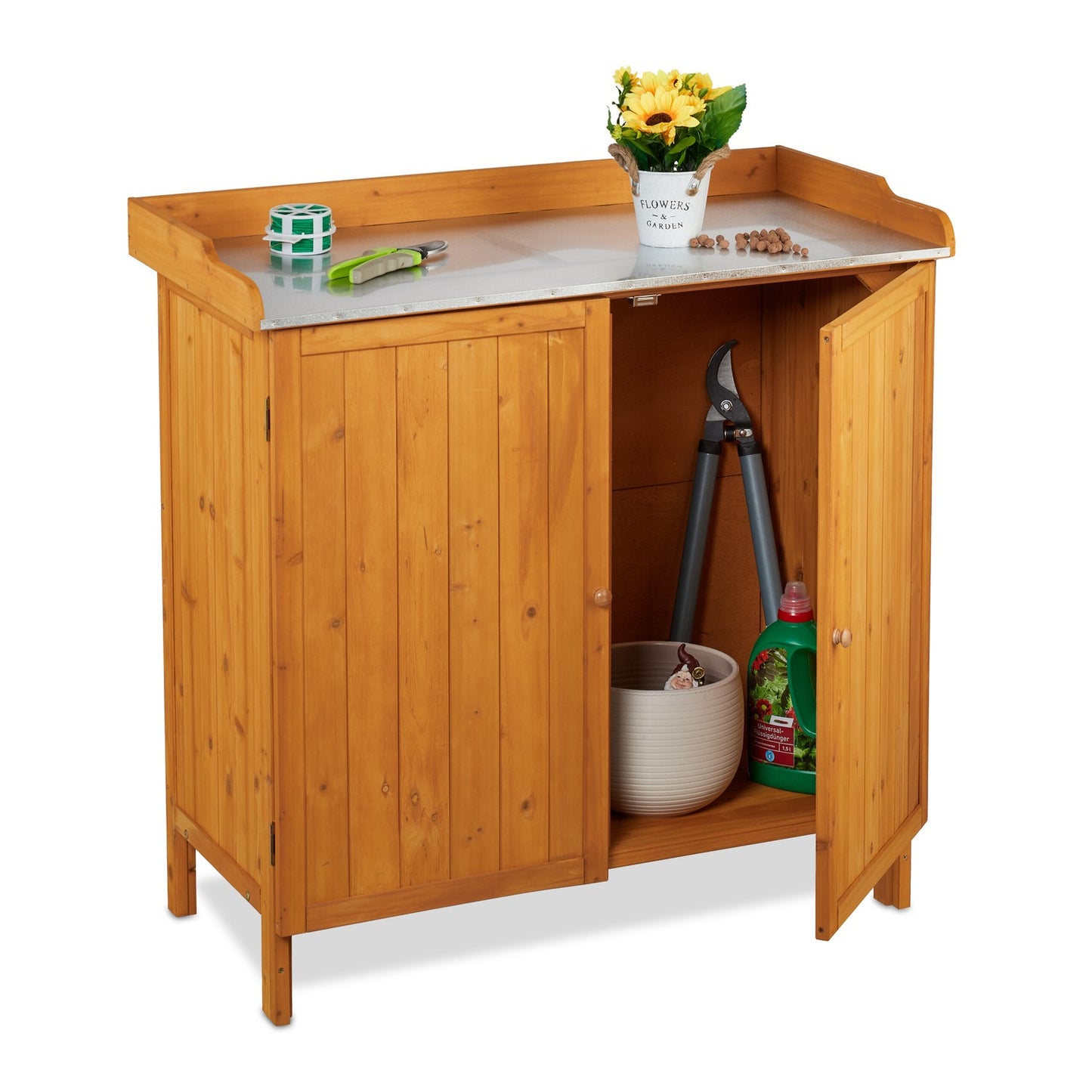 Wooden Potting Bench with Cupboard and Pewter Top