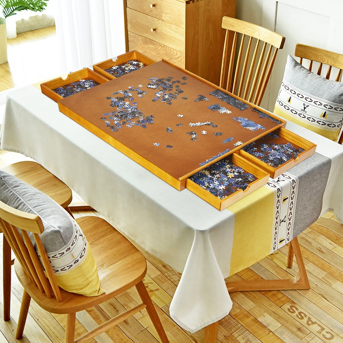 Wooden Puzzle Table with 4 Drawers, 80 x 65 cm