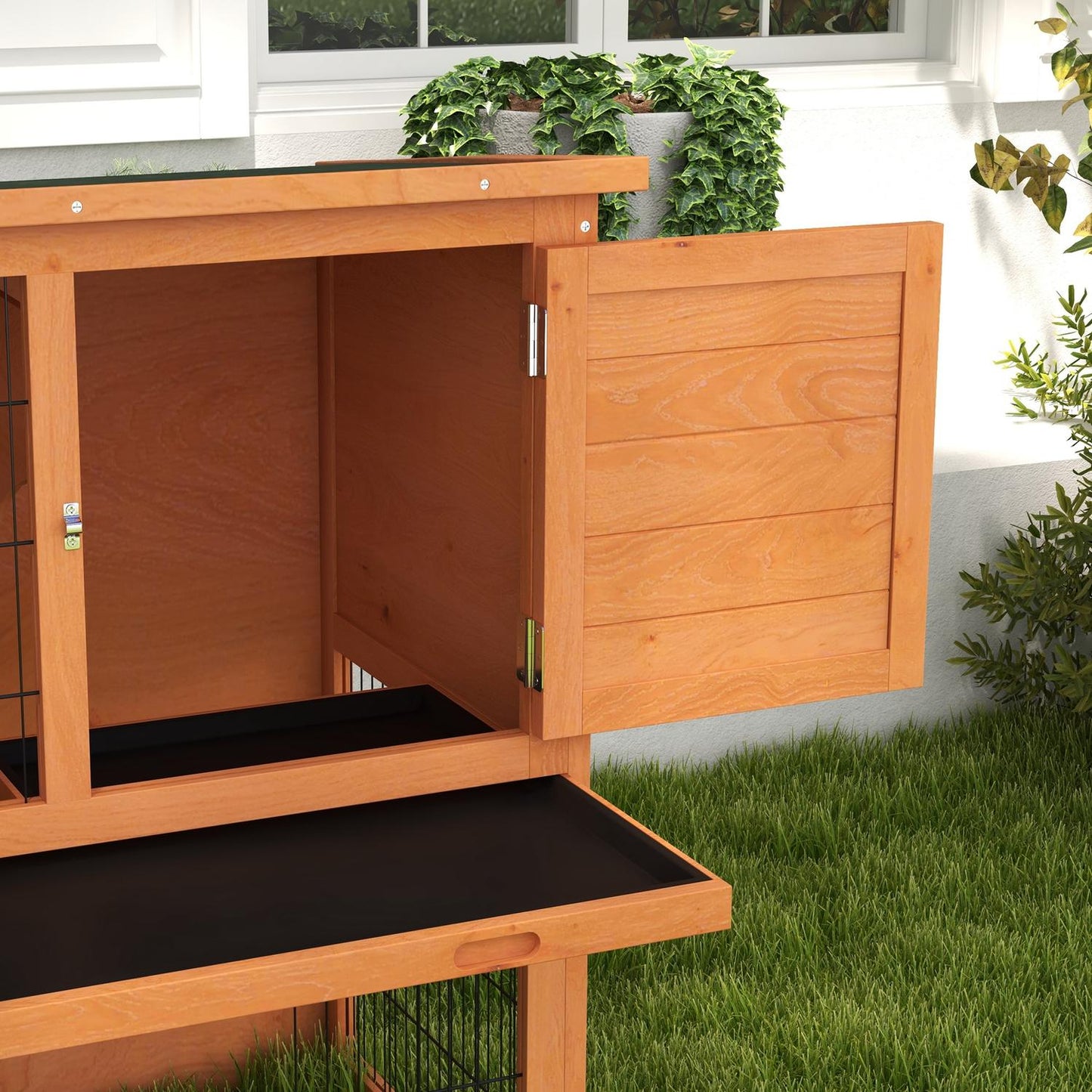 Wooden 2-story rabbit hutch with outdoor roof