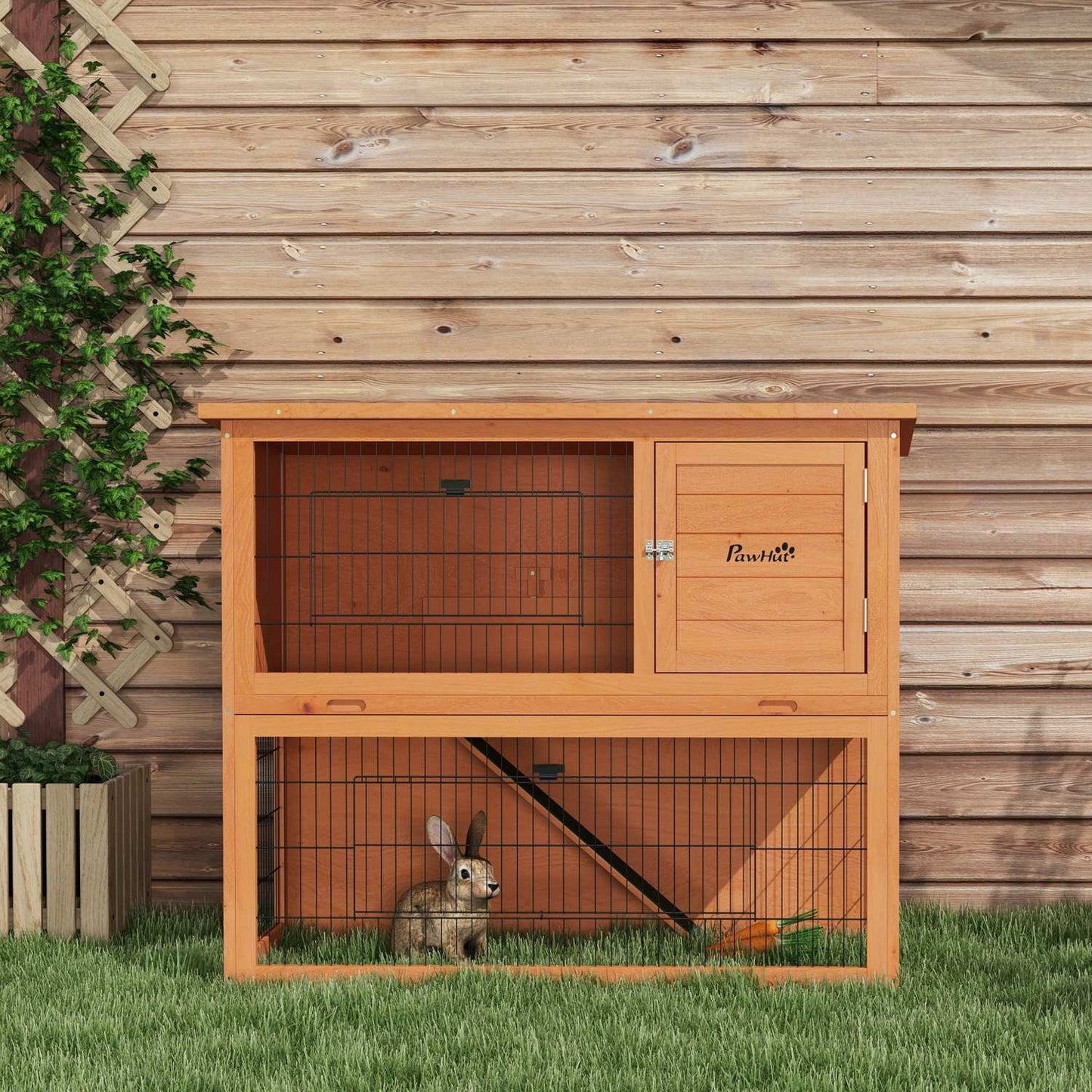 Wooden 2-story rabbit hutch with outdoor roof