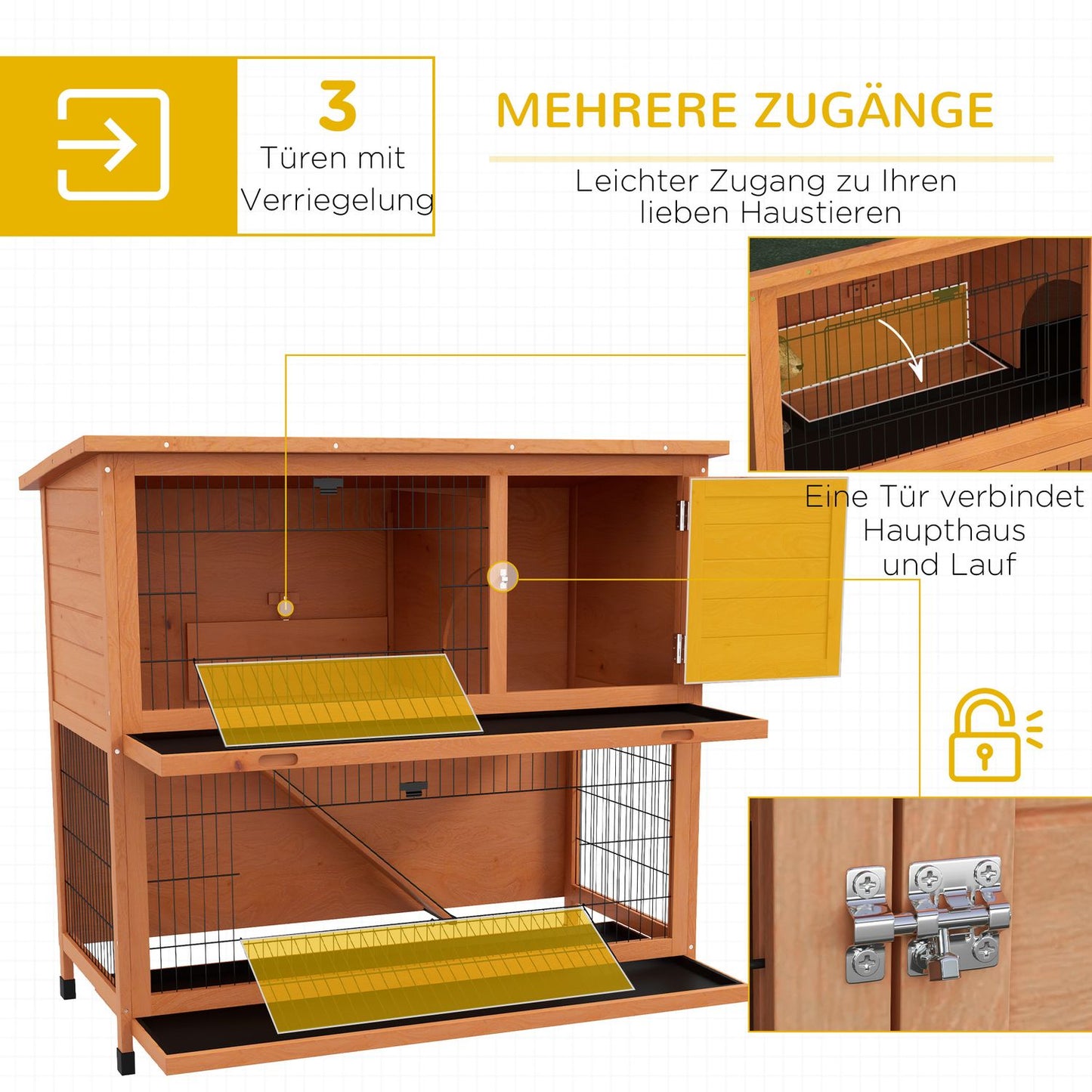 2-story wooden rabbit hutch with outdoor ramp