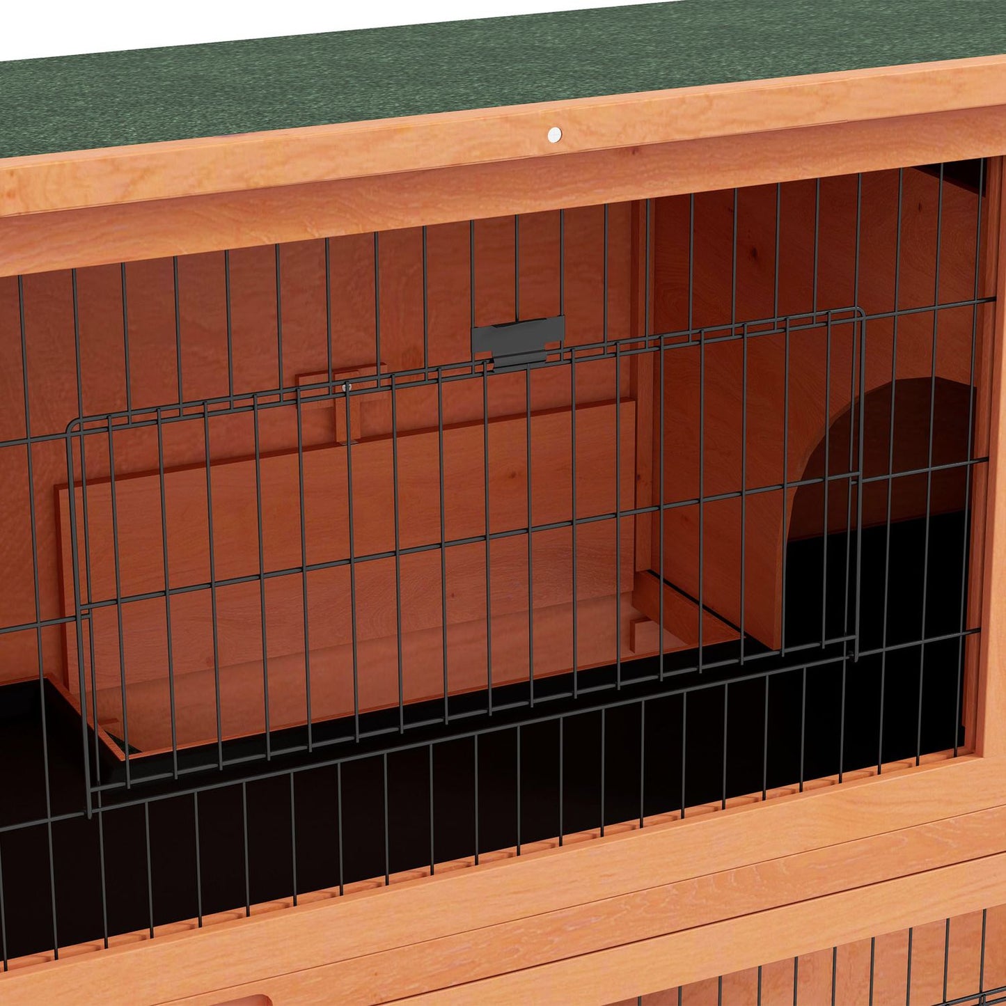 2-story wooden rabbit hutch with outdoor ramp