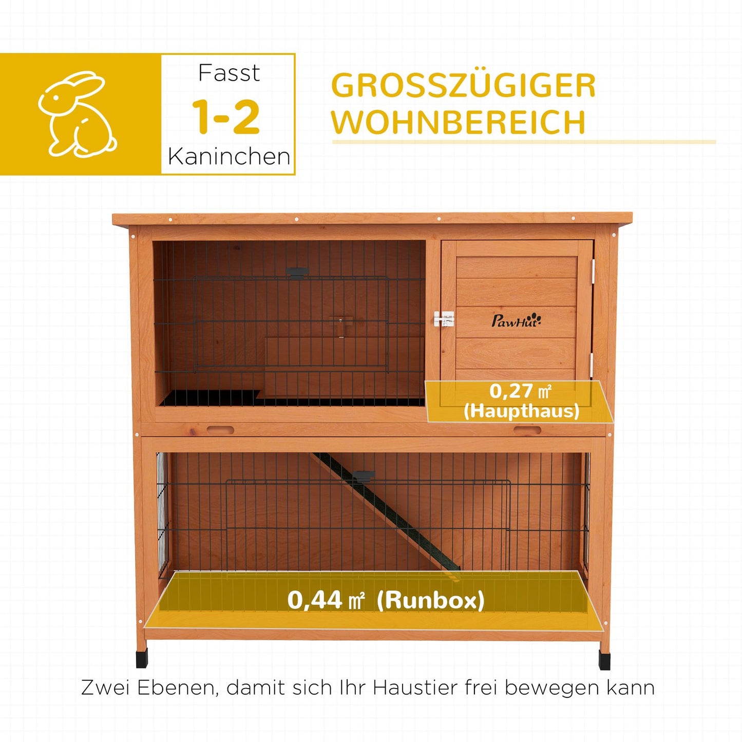 2-story wooden rabbit hutch with outdoor ramp