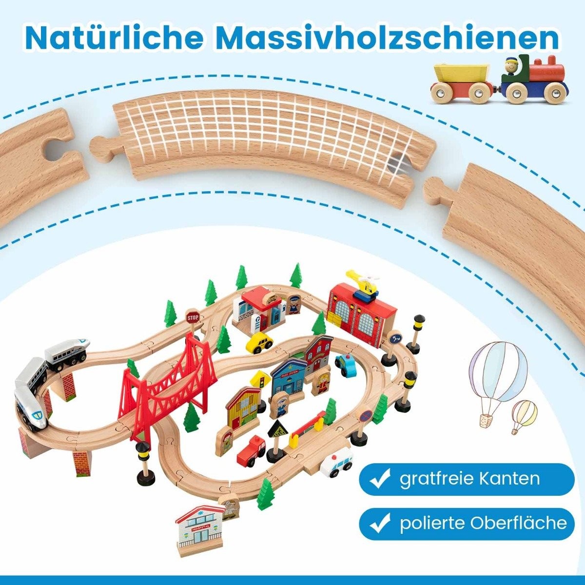 Wooden Railway Table 80-Piece Playset with Reversible & Removable Table Top 82.5 x 60 x 40 cm Multicolored