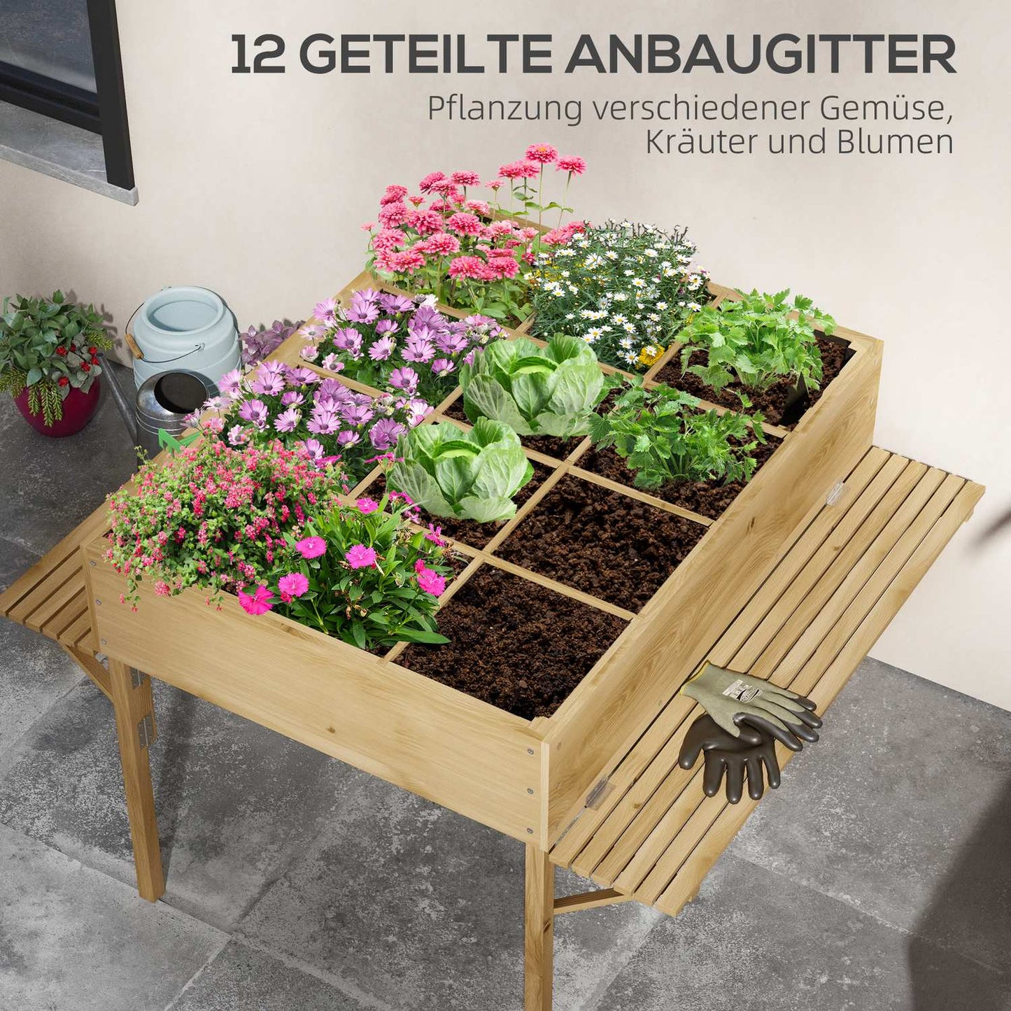 Raised wooden garden bed with 12 dividers and cold frame