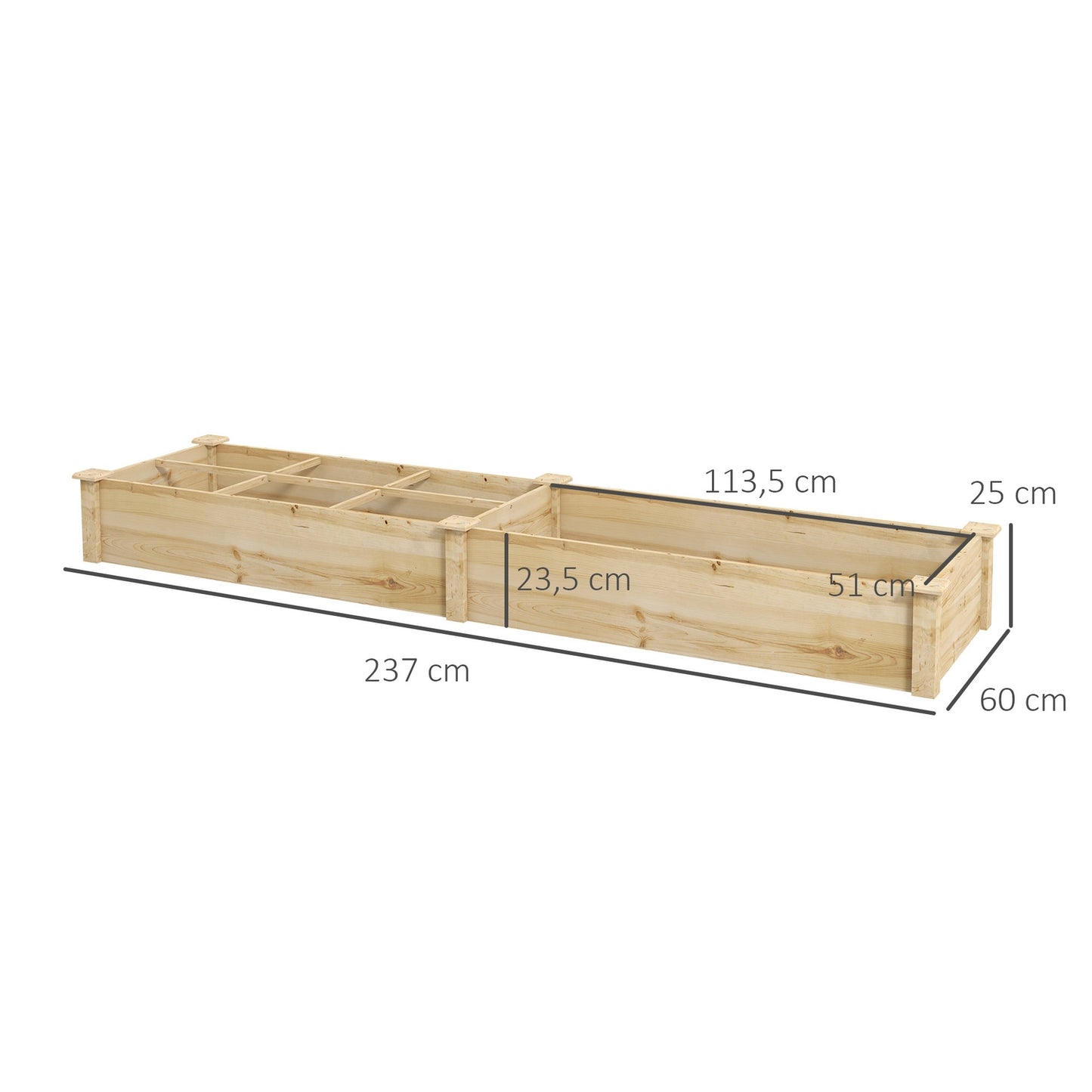 Large wooden raised garden bed, 2 compartments, 237x60x25cm