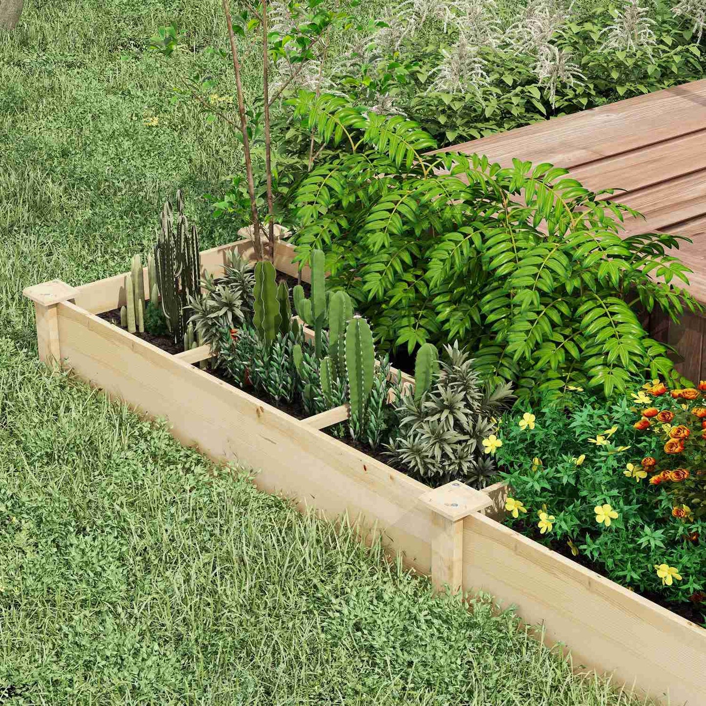 Large wooden raised garden bed, 2 compartments, 237x60x25cm