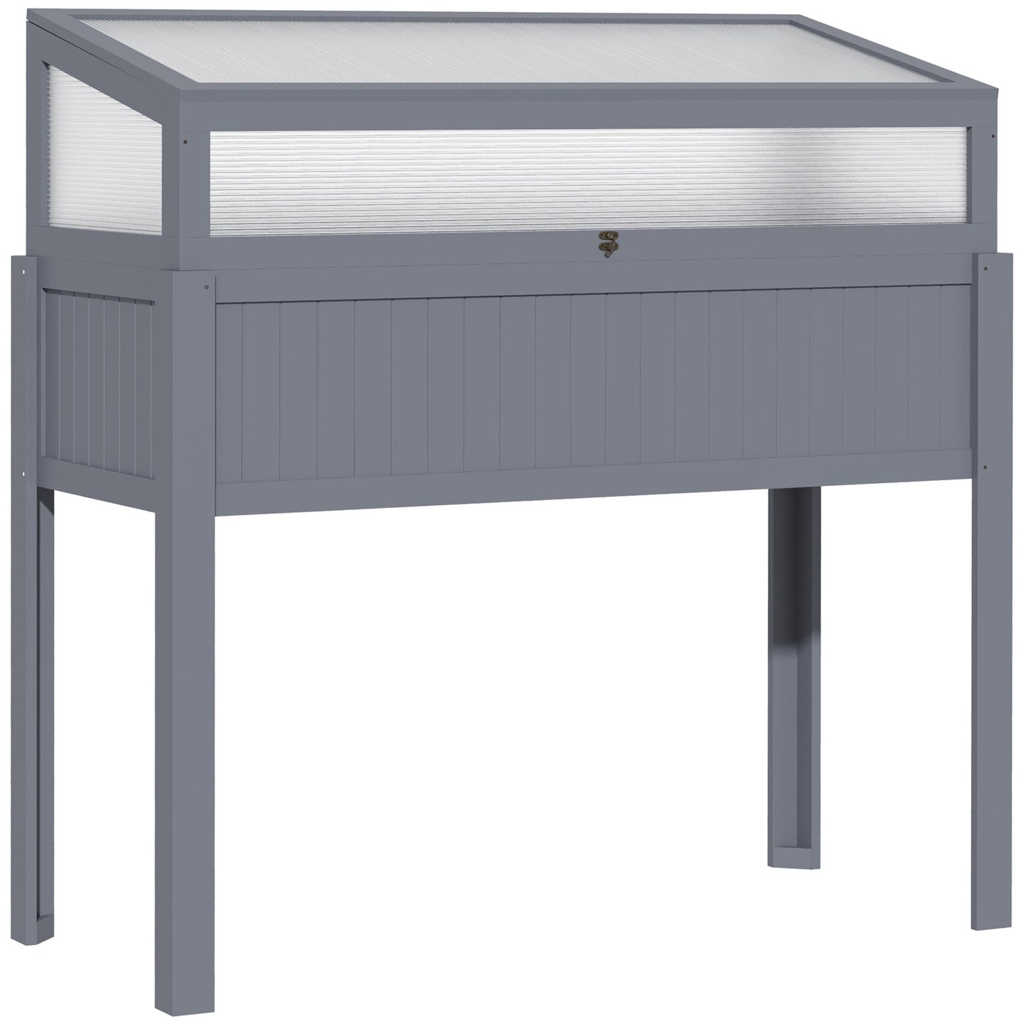 Raised wooden garden bed with cold frame greenhouse, gray