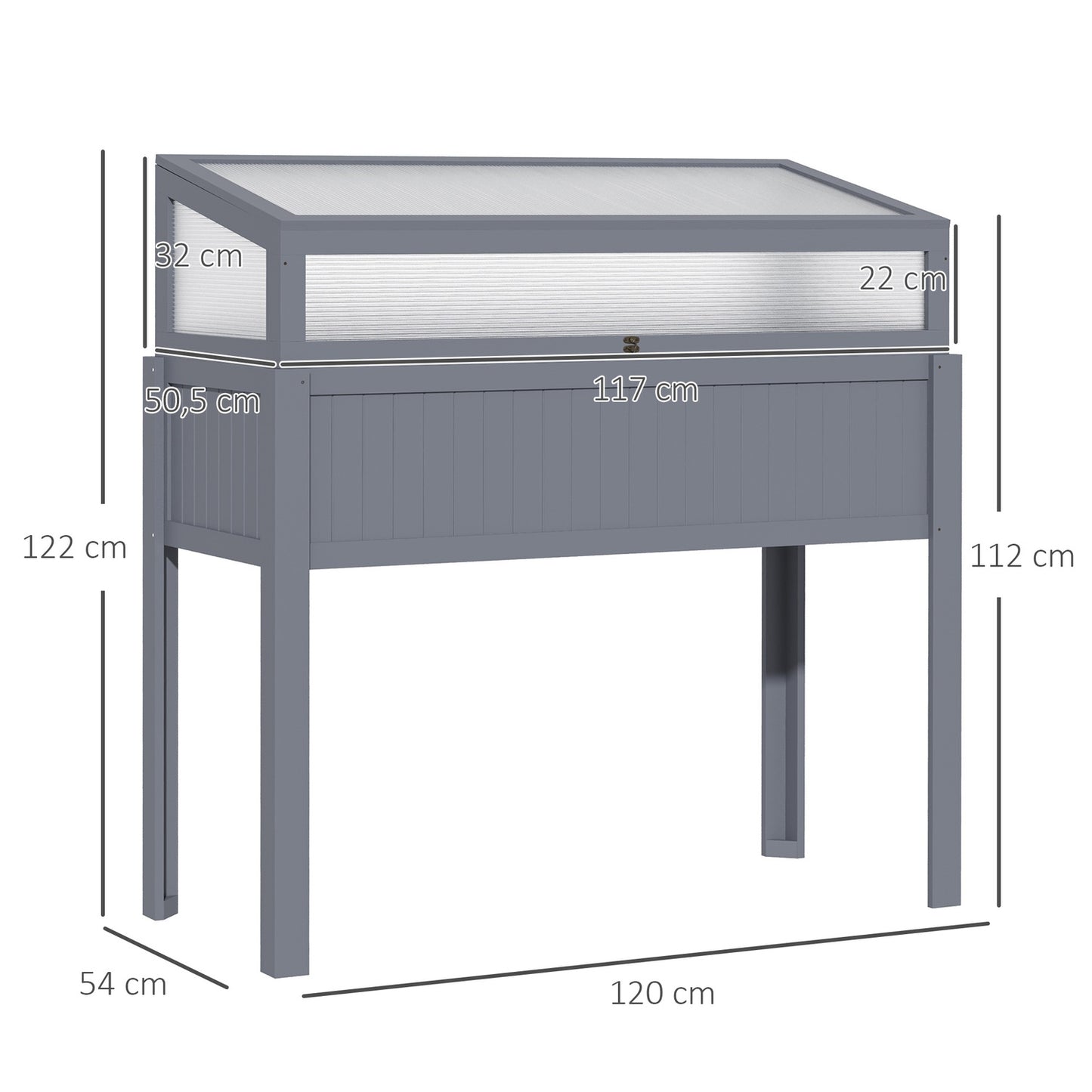Raised wooden garden bed with cold frame greenhouse, gray
