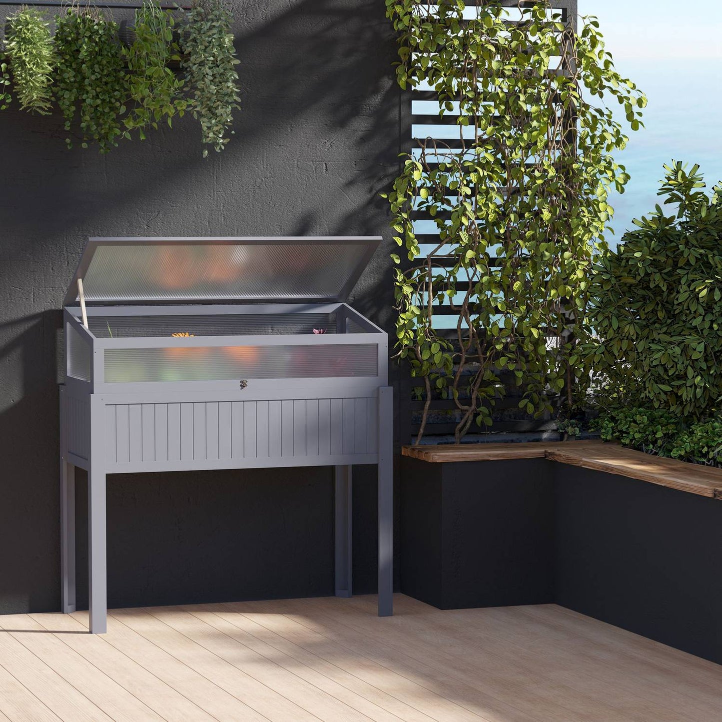 Raised wooden garden bed with cold frame greenhouse, gray
