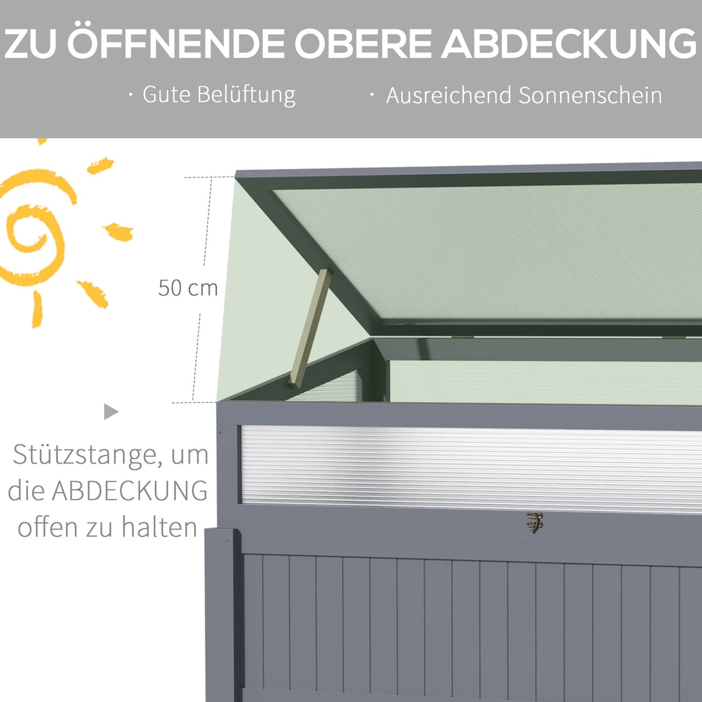 Raised wooden garden bed with cold frame greenhouse, gray