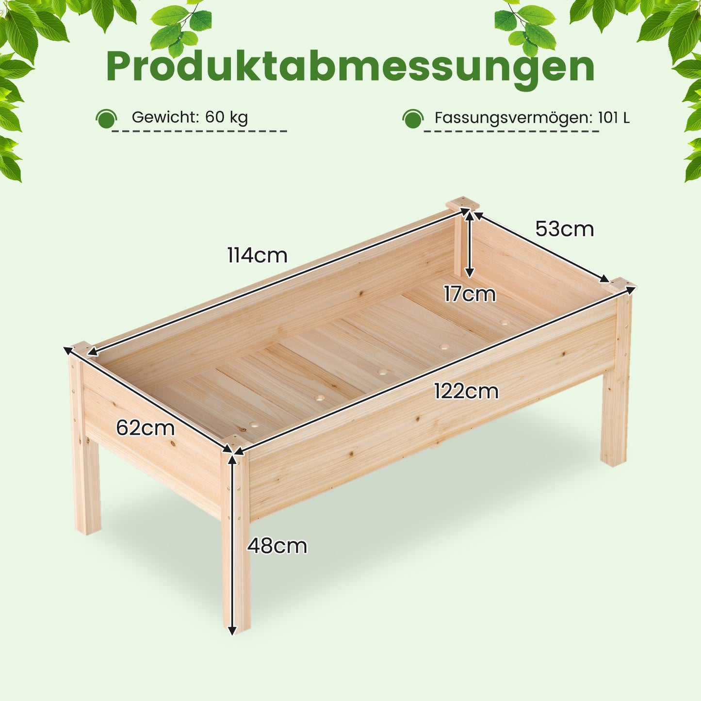 Wooden Raised Garden Bed Set with Drainage Holes, 122x62 cm