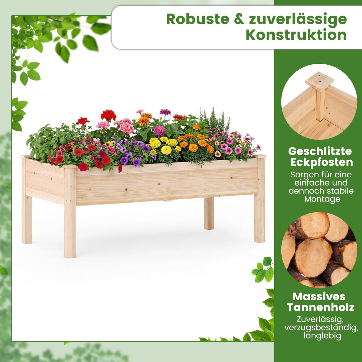 Wooden Raised Garden Bed with Drainage Holes, 122x62 cm