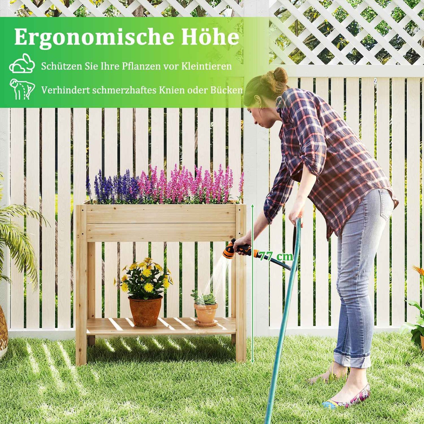 Wooden Raised Garden Bed with Shelf and Drainage