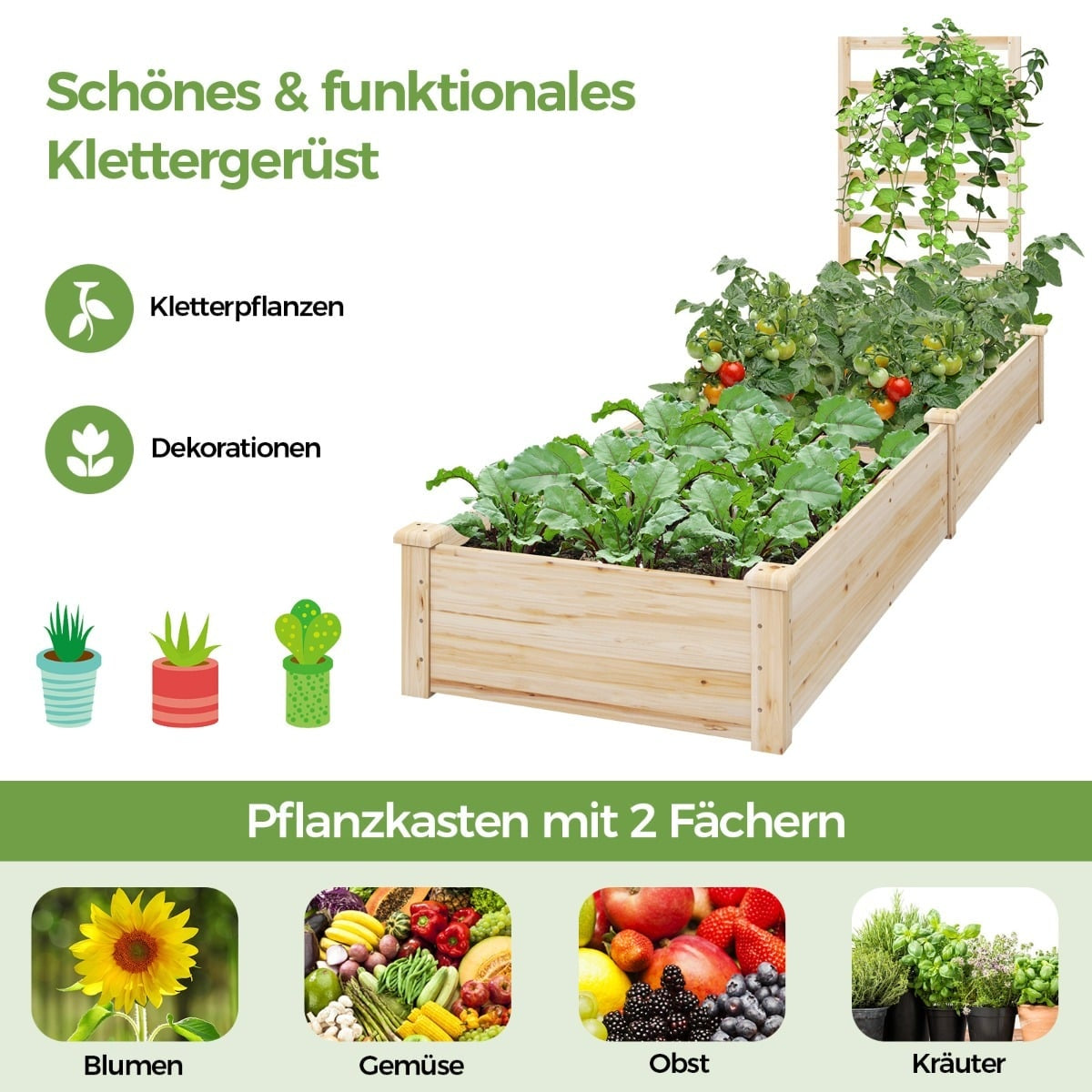 Wooden Raised Garden Bed with Trellis, 235x63x102 cm