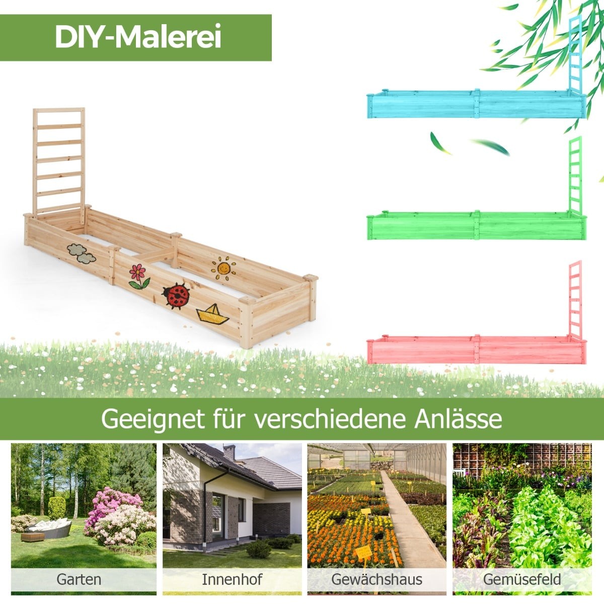 Wooden Raised Garden Bed with Trellis, 235x63x102 cm