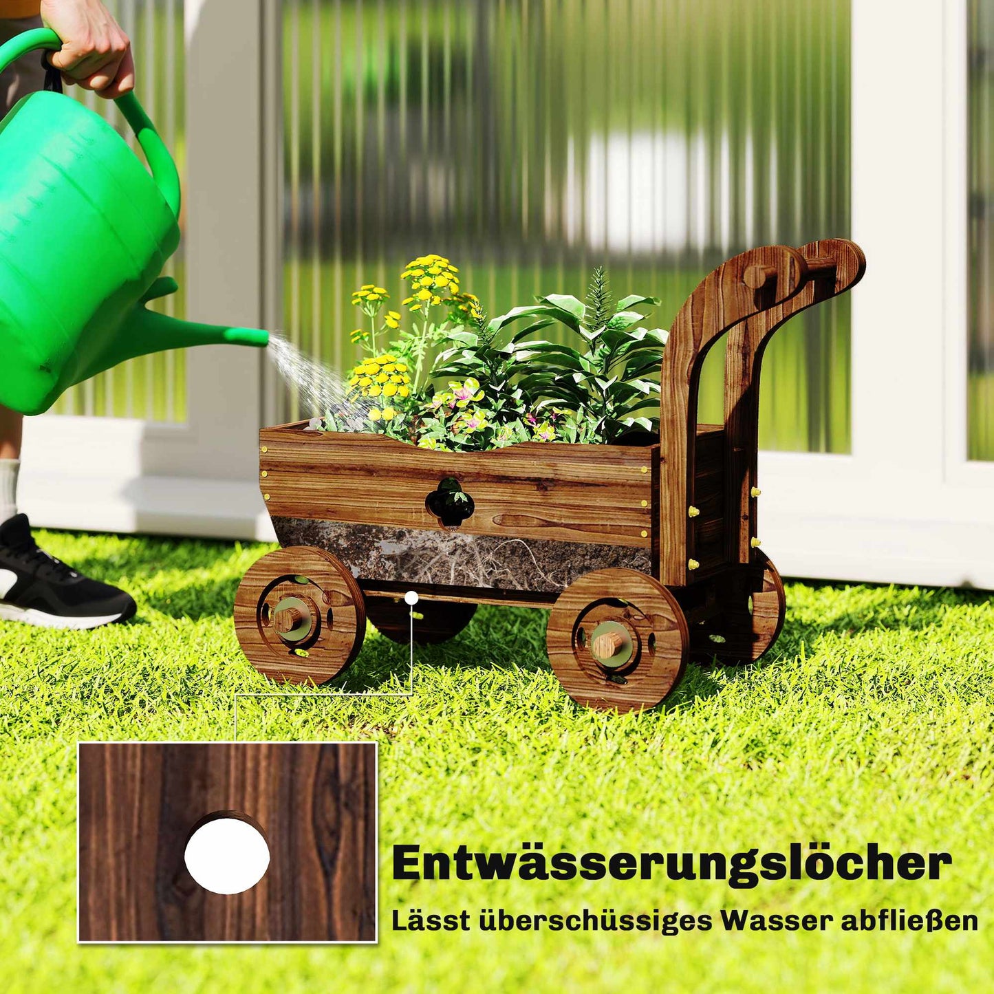 Wooden Raised Planter Cart with Wheels – 68 x 38 x 52 cm
