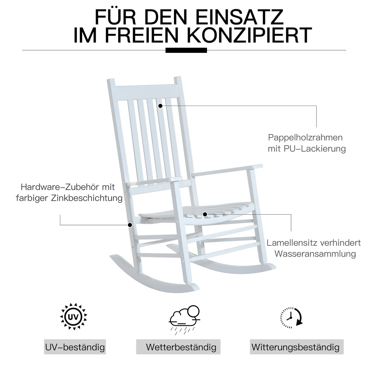 White wooden rocking chair with armrests for garden relaxation