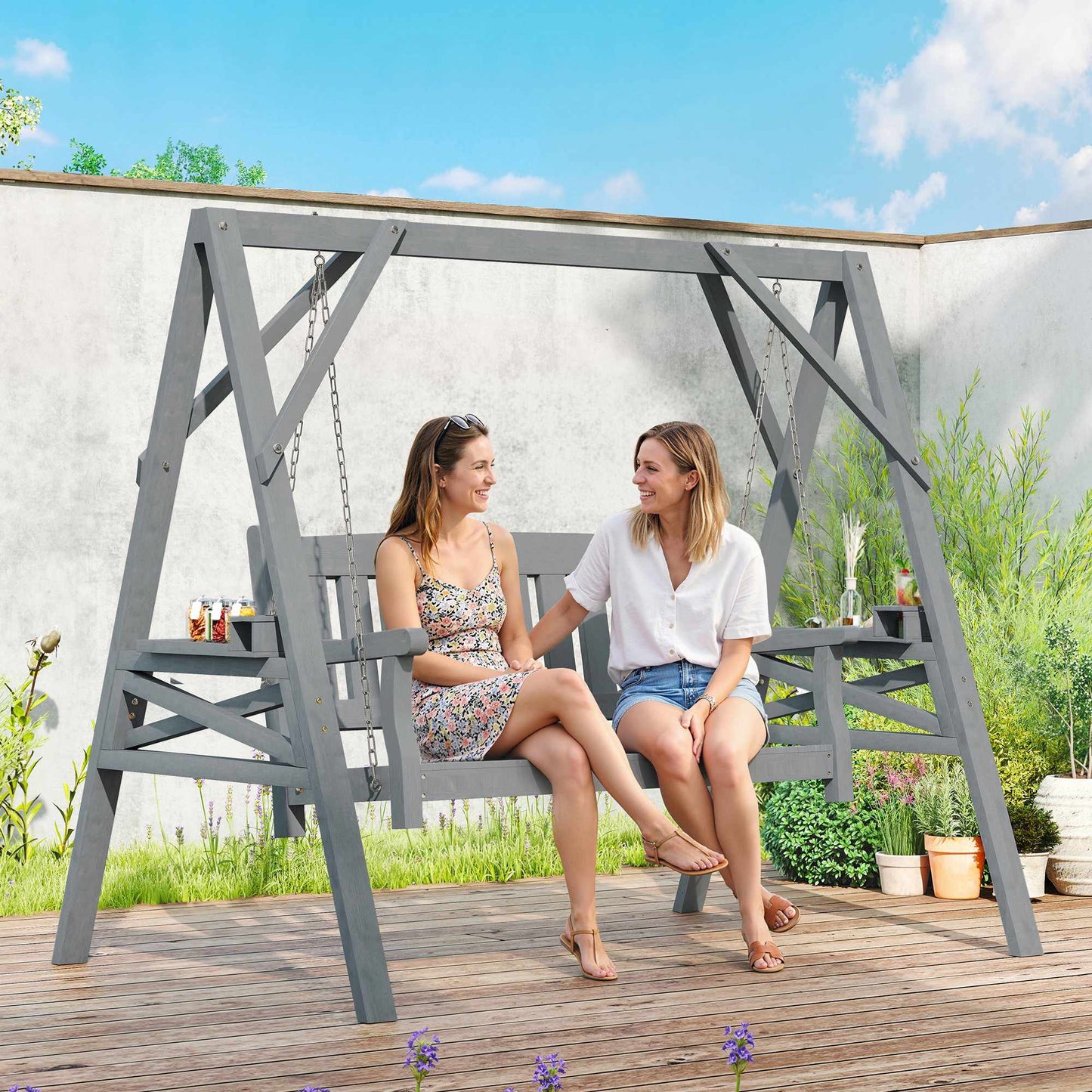 Wooden Rocking Chair for 2, Ergonomic, Grey, 250kg Capacity