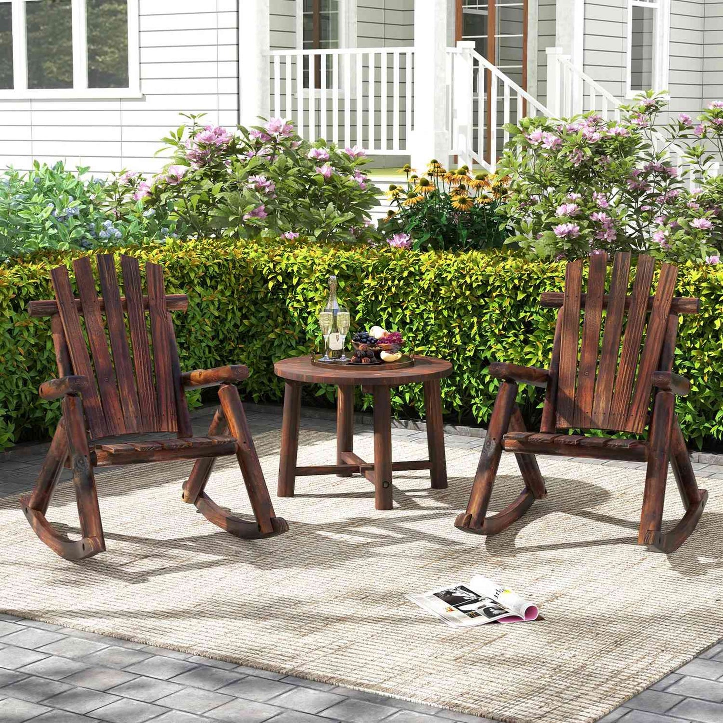 Wooden Rocking Chair with High Backrest and Slatted Seat