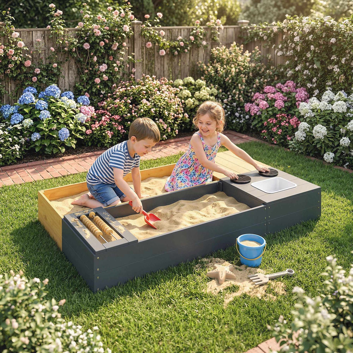 Wooden Sandbox with Bench and Storage, 150x90cm
