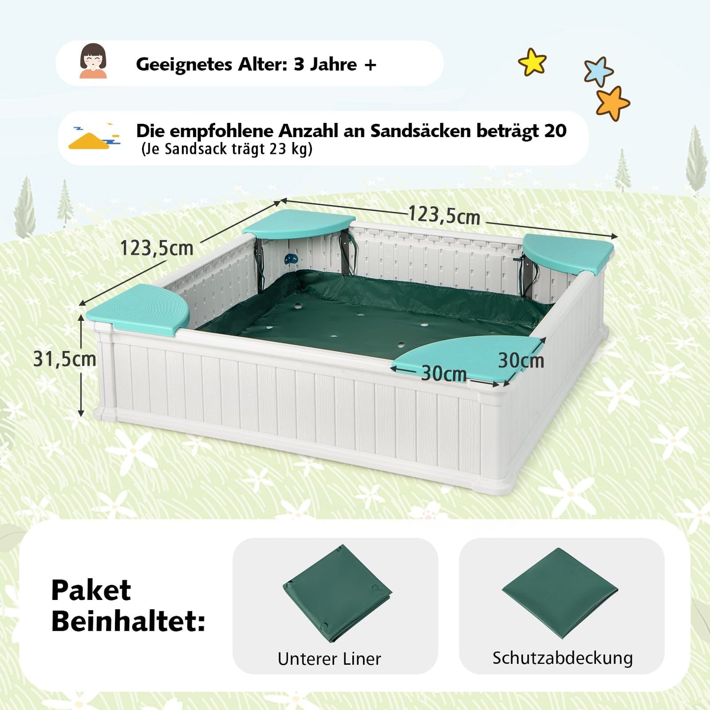 Wooden Sandbox with Cover & Seats, 123.5 cm, White
