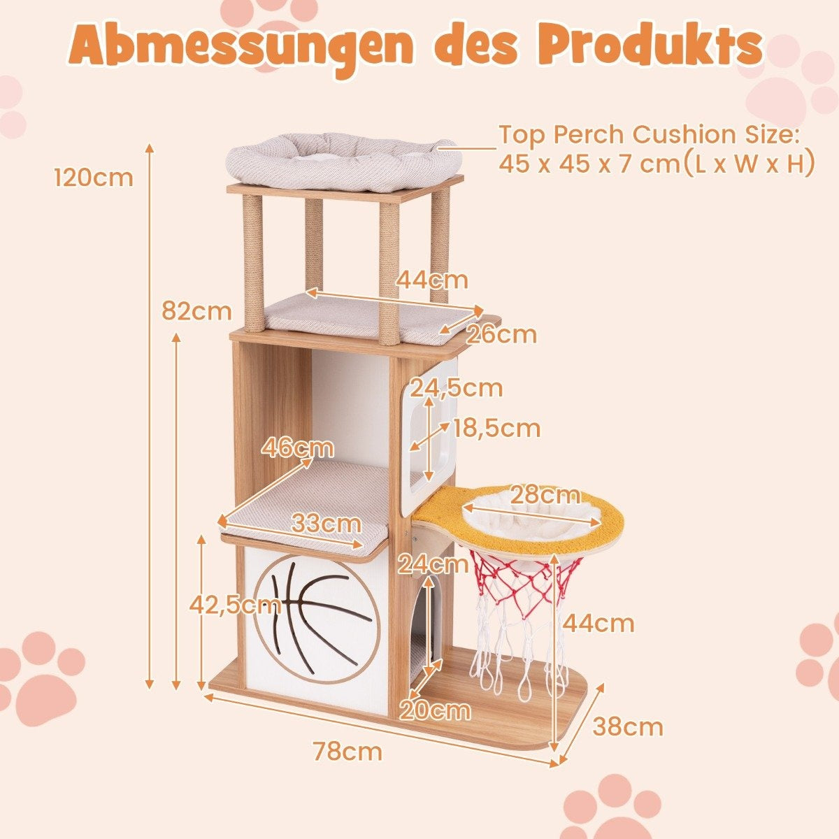 Wooden Scratching Post 120cm Sports Theme Climbing Tower with 2-Tier Cat House Natural