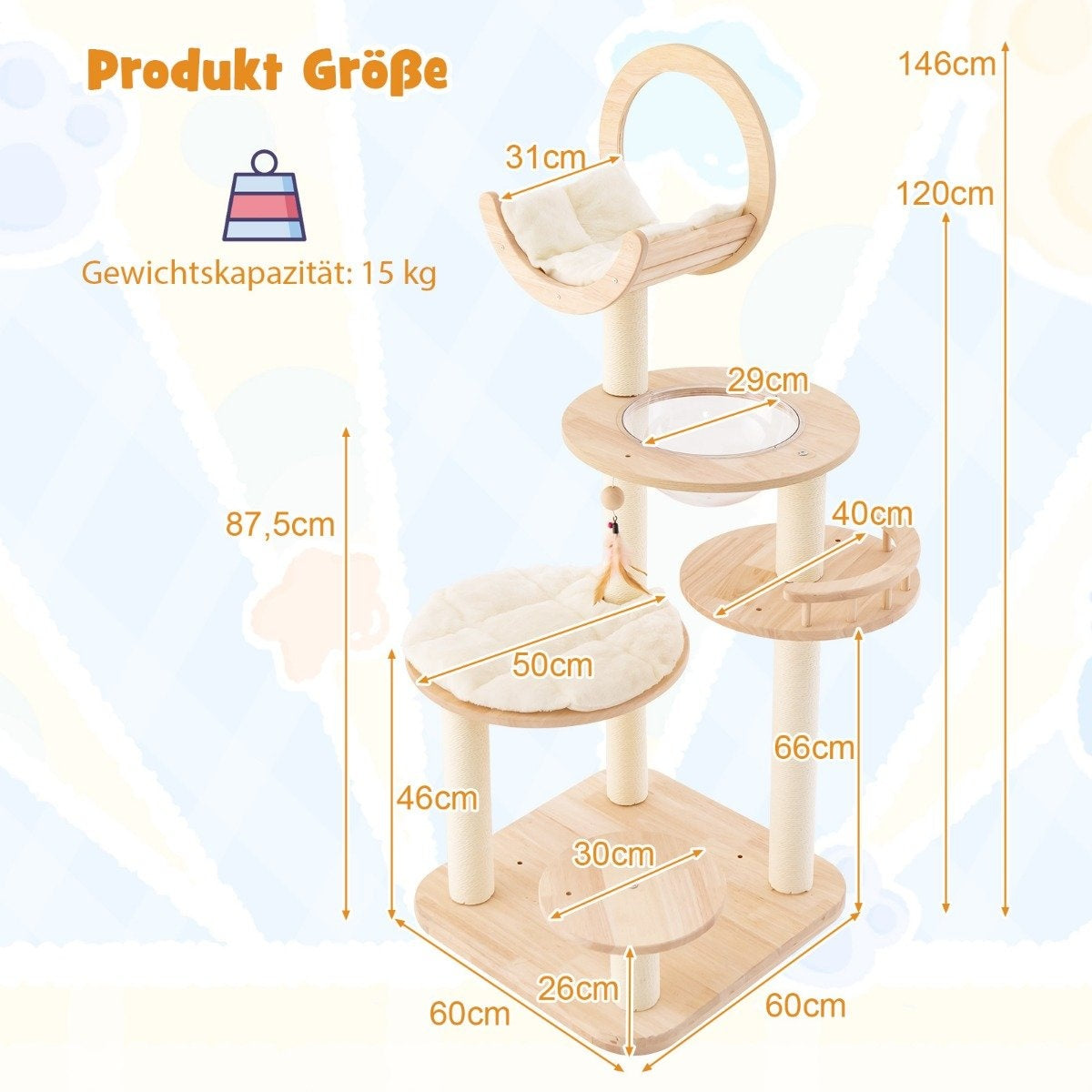 Wooden Scratching Post 4 DIY Shapes Cat Tree with Platforms & Space Capsule & Sisal Posts 60 x 60 x 146 cm Oak Wood Beige