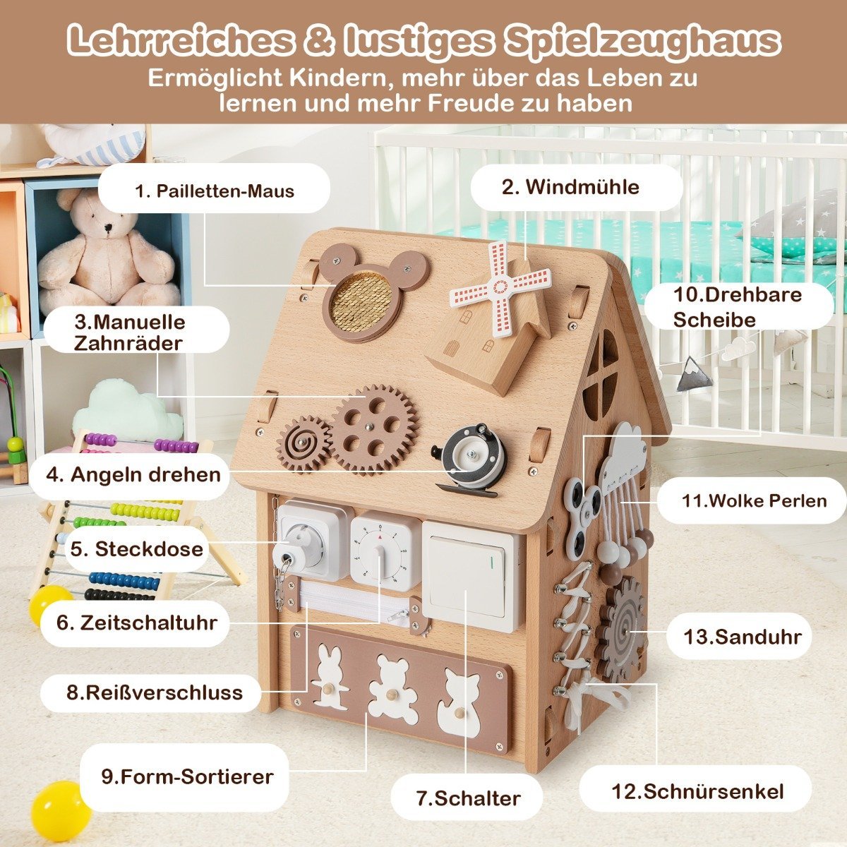 Wooden Sensory Playhouse for Kids with Storage