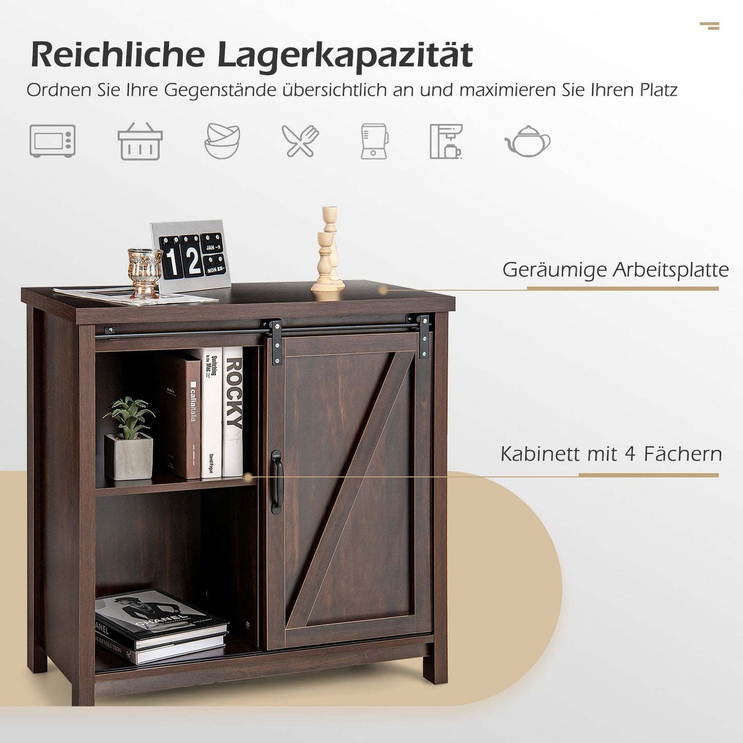 Wooden Sideboard with Sliding Doors & 4 Shelves, 80x40x82cm