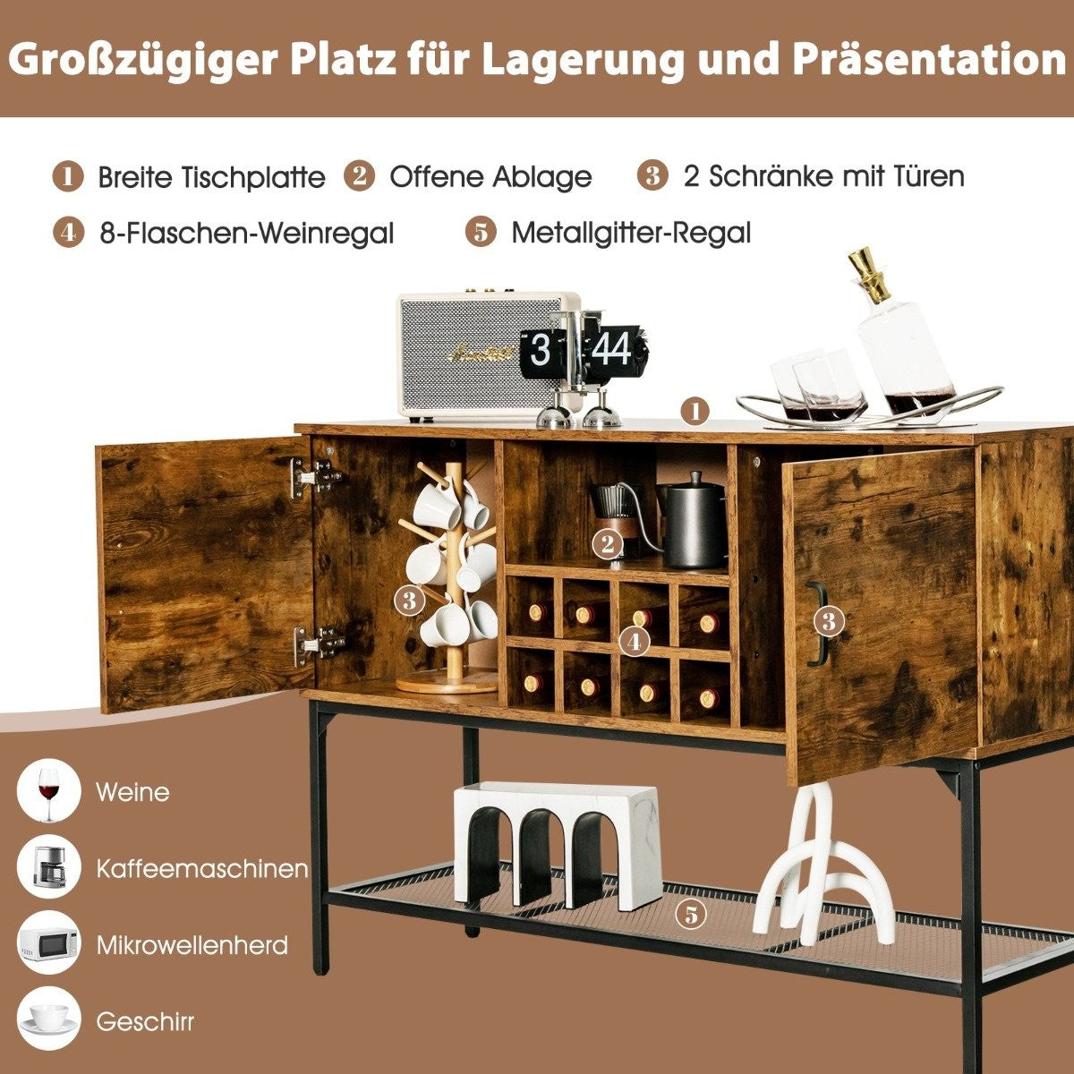 Wooden Sideboard with Wine Rack & Doors Kitchen Cabinet 120 x 40 x 85 cm Rustic Brown