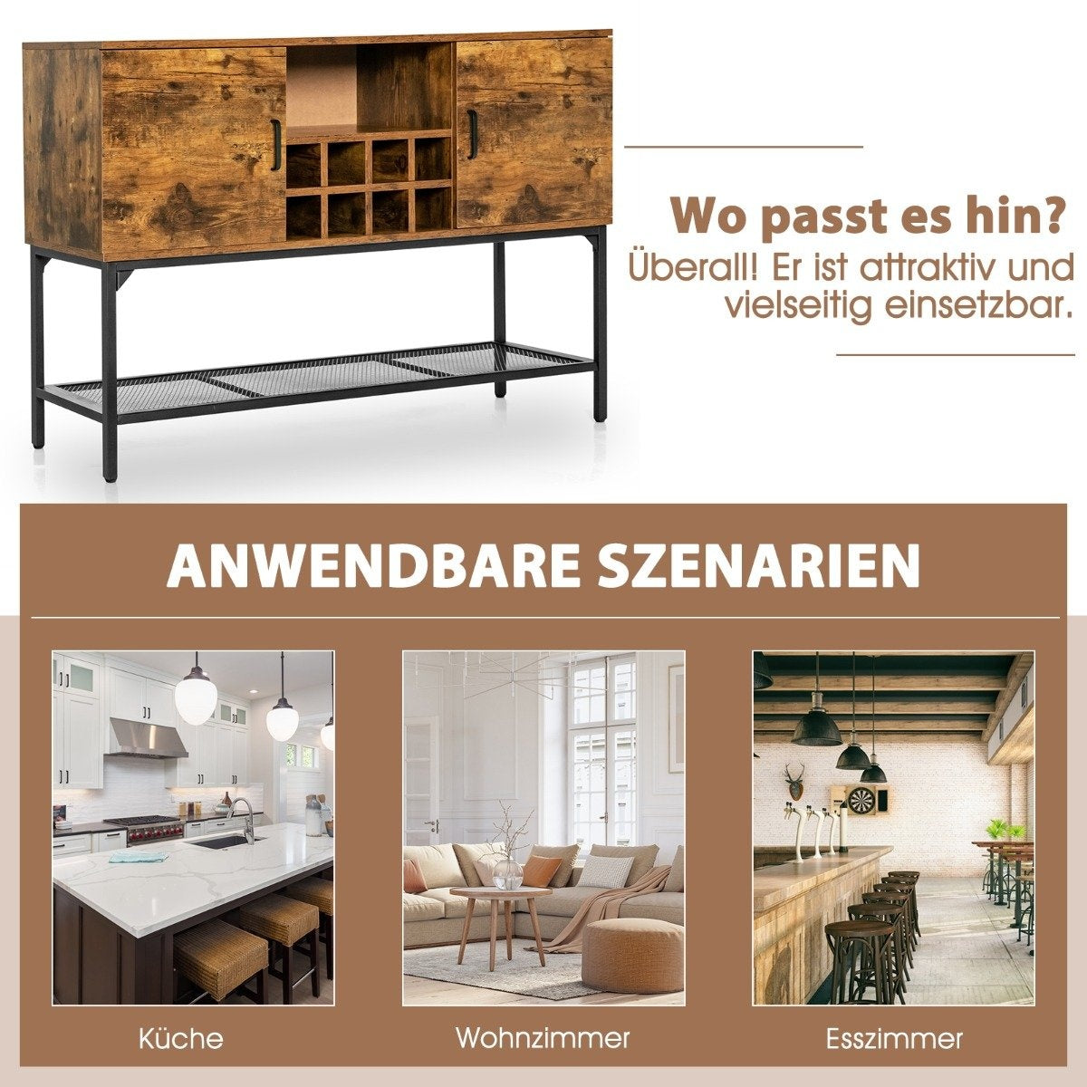 Wooden Sideboard with Wine Rack & Doors Kitchen Cabinet 120 x 40 x 85 cm Rustic Brown