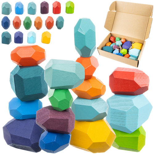 Wooden Stone Blocks for Kids – 16-Piece Set, Multi-Colored