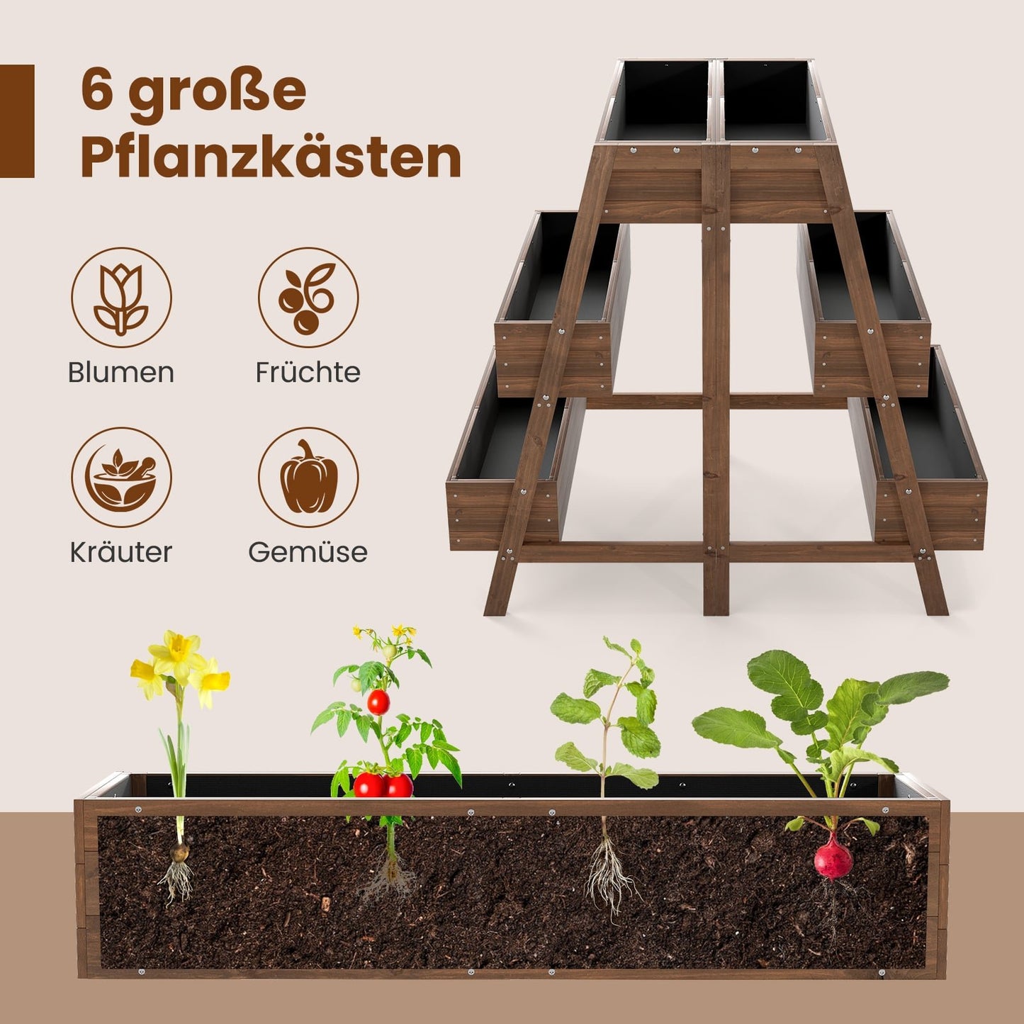 Wooden Tiered Raised Garden Bed with 6 Planters, 126x90x115 cm