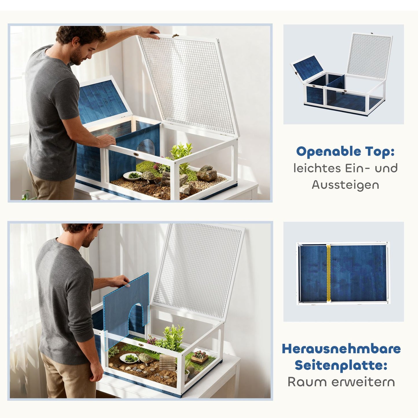 Wooden Tortoise House with Hinged Roof, 91x60.5x32 cm, Blue