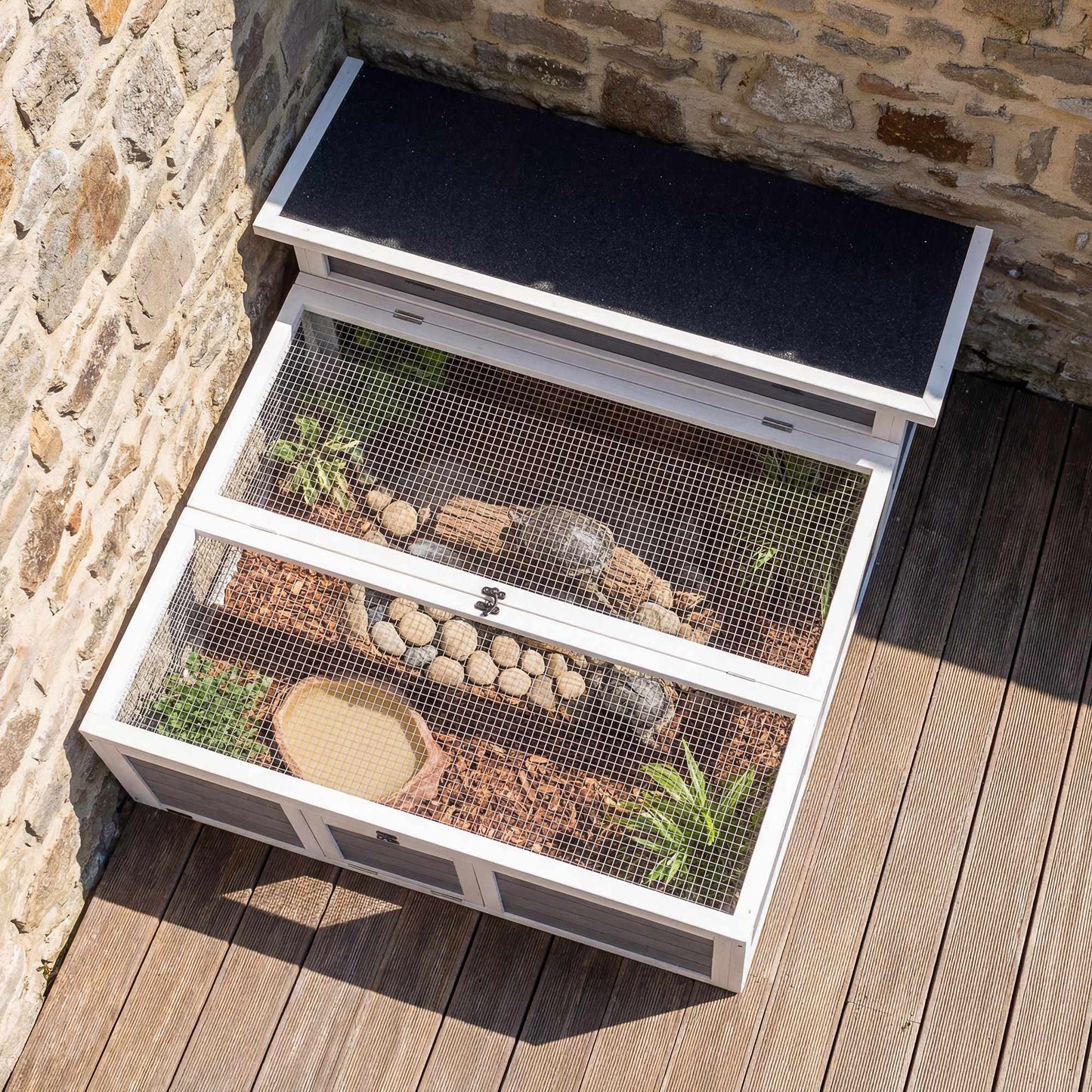Wooden Tortoise House with Run, 113x106.5x44.5 cm, Grey