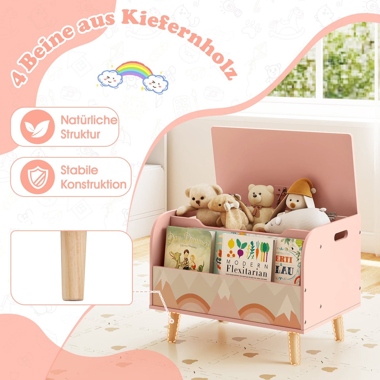 Wooden Toy Box with Front Bookshelf & Lid – Pink