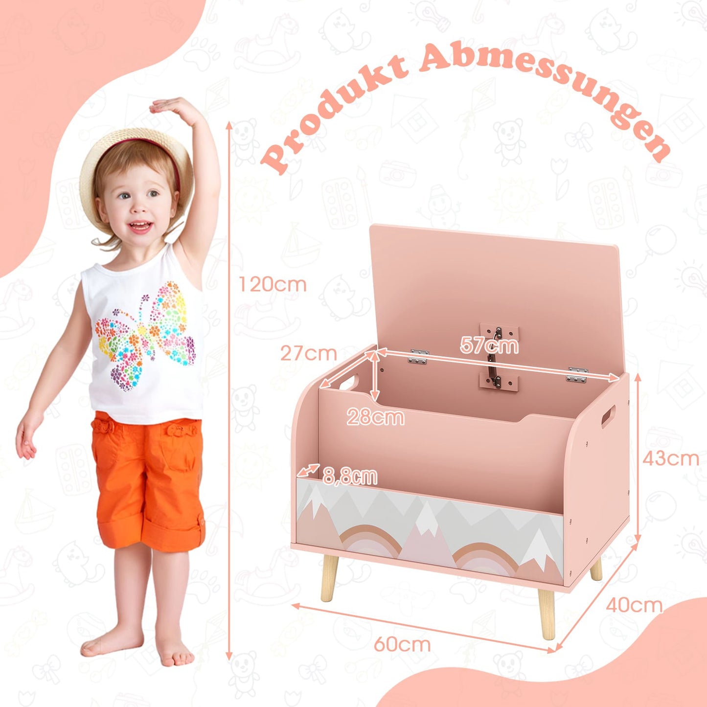 Wooden Toy Box with Front Bookshelf & Lid – Pink