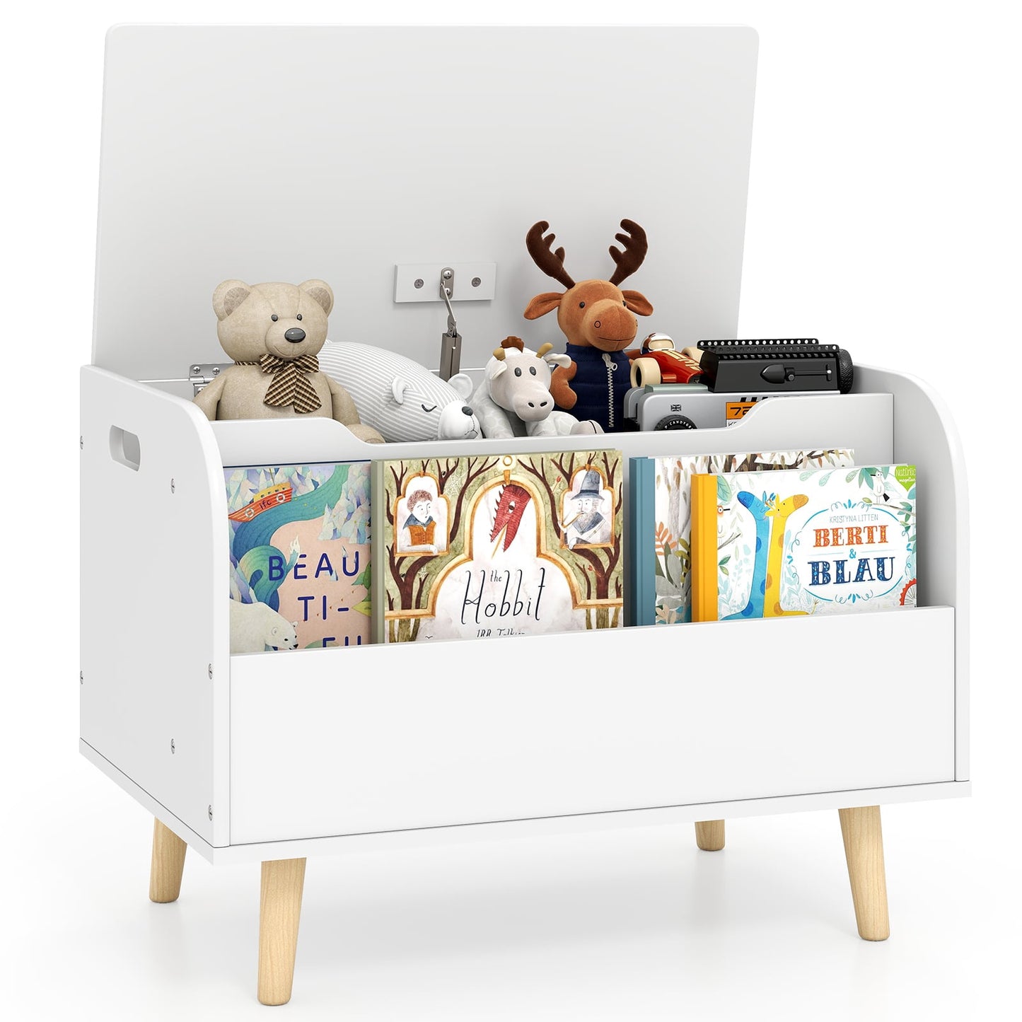 Wooden Toy Box with Front Bookshelf & Lid – White