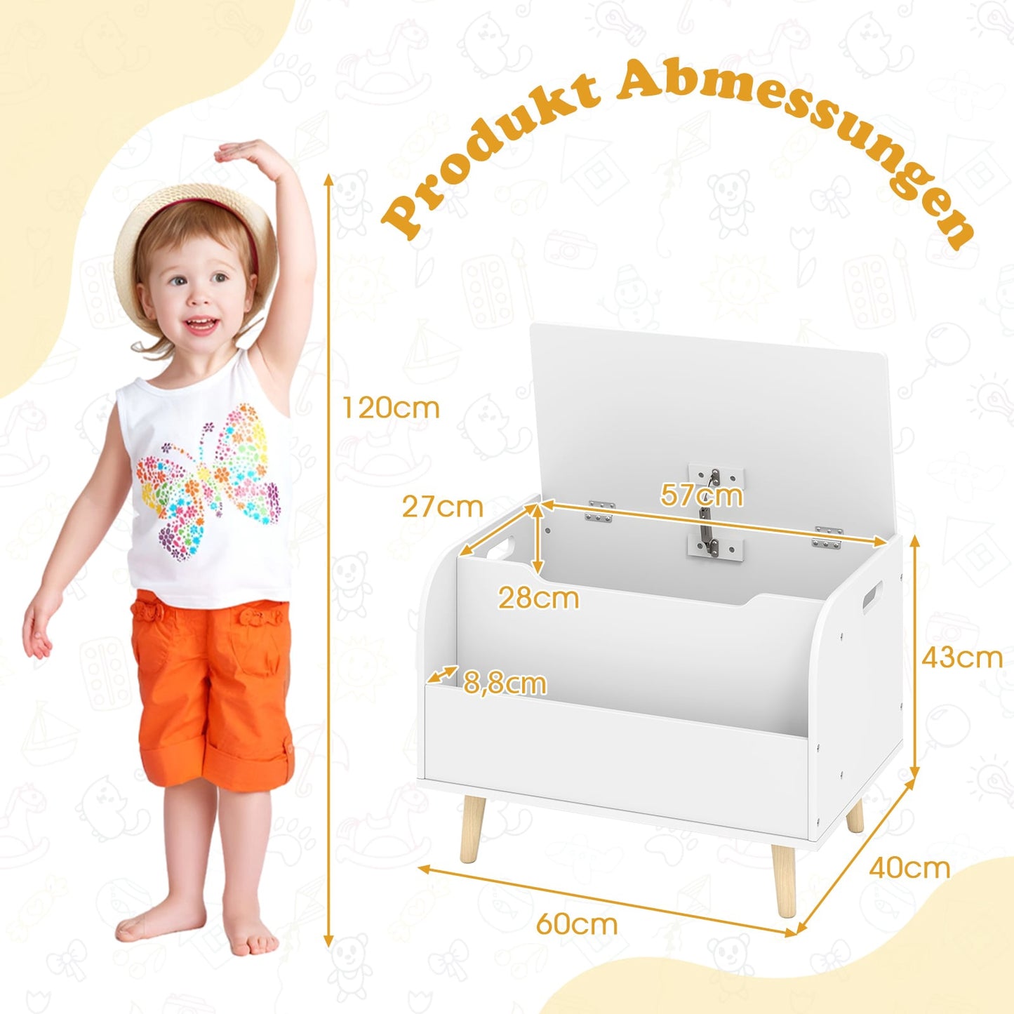 Wooden Toy Box with Front Bookshelf & Lid – White