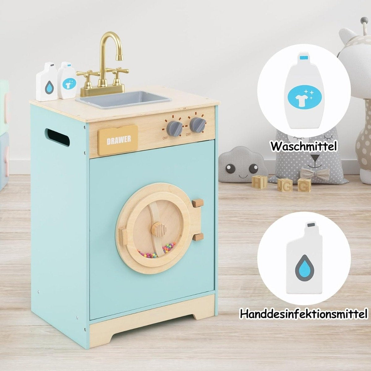 Wooden Toy Washing Machine with Detergent, Sink, and Accessories
