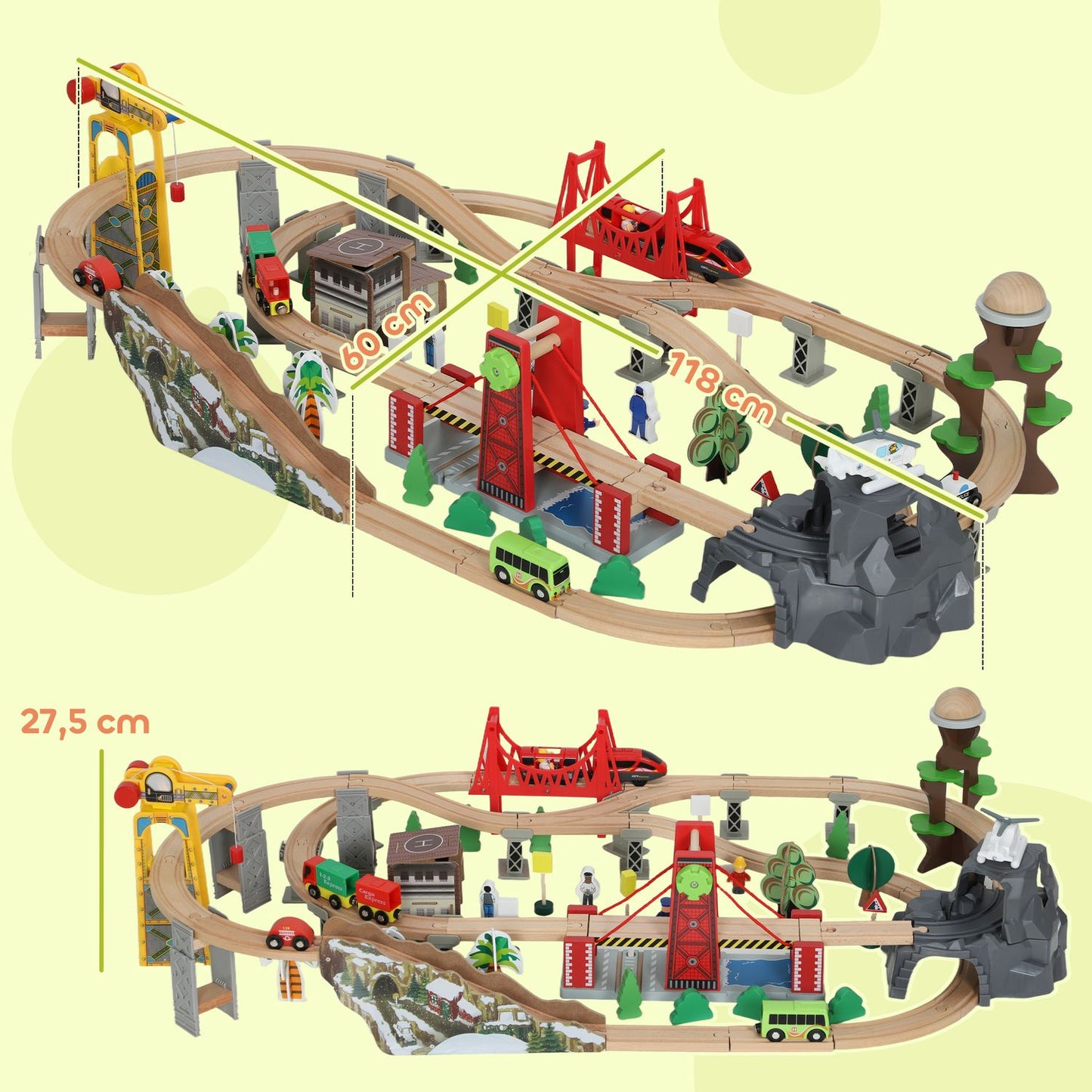 Wooden Train Set, 100 Pieces, Magnetic Crane, Beech Wood