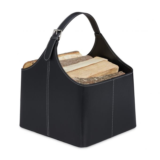 Wooden basket in imitation leather with handle