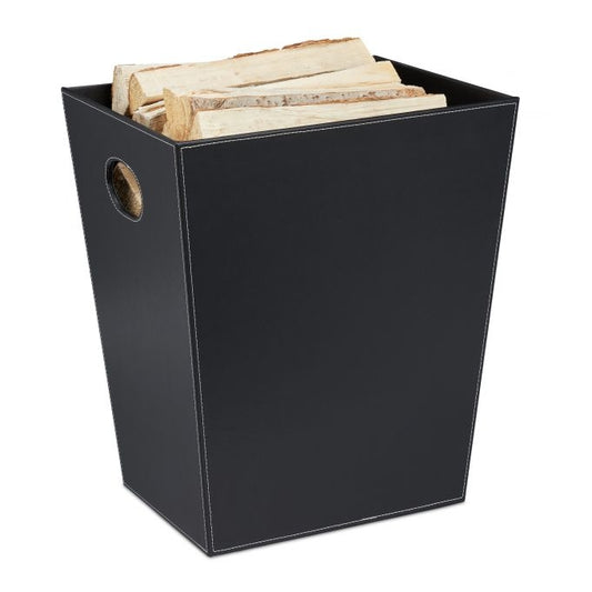 Wooden basket in imitation leather with handle