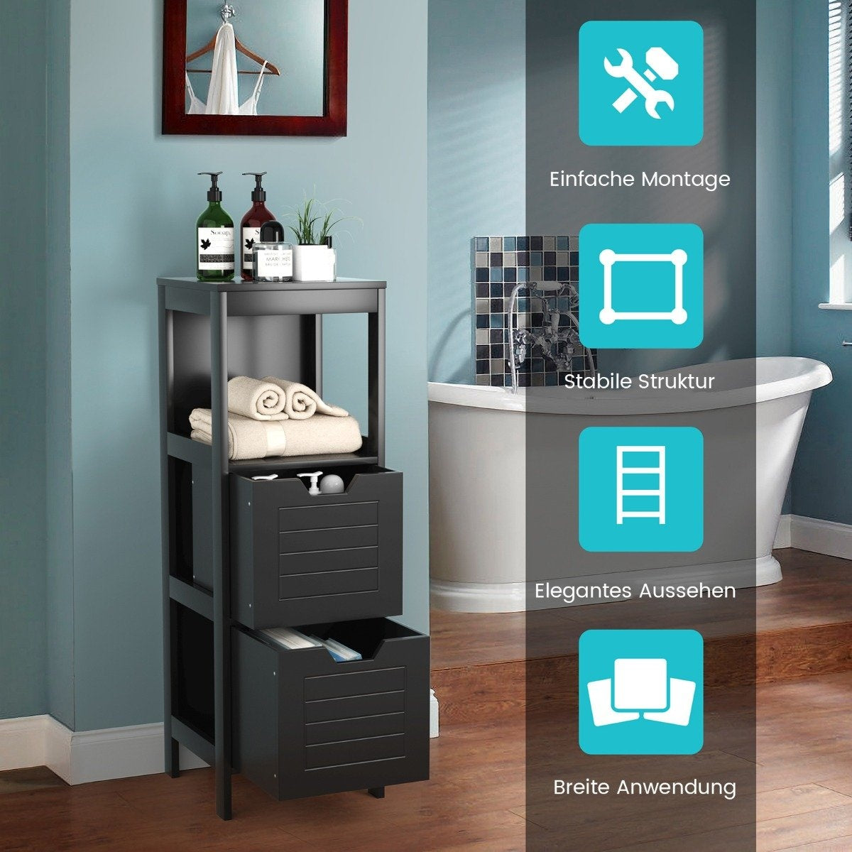Wooden bathroom chest of drawers with 2 drawers 30 x 30 x 89 cm black