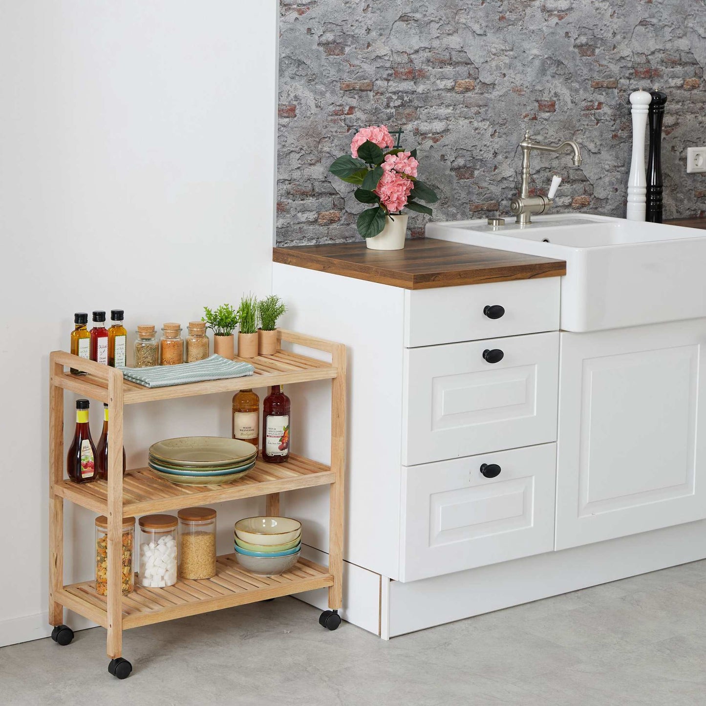 Wooden bathroom shelf with wheels