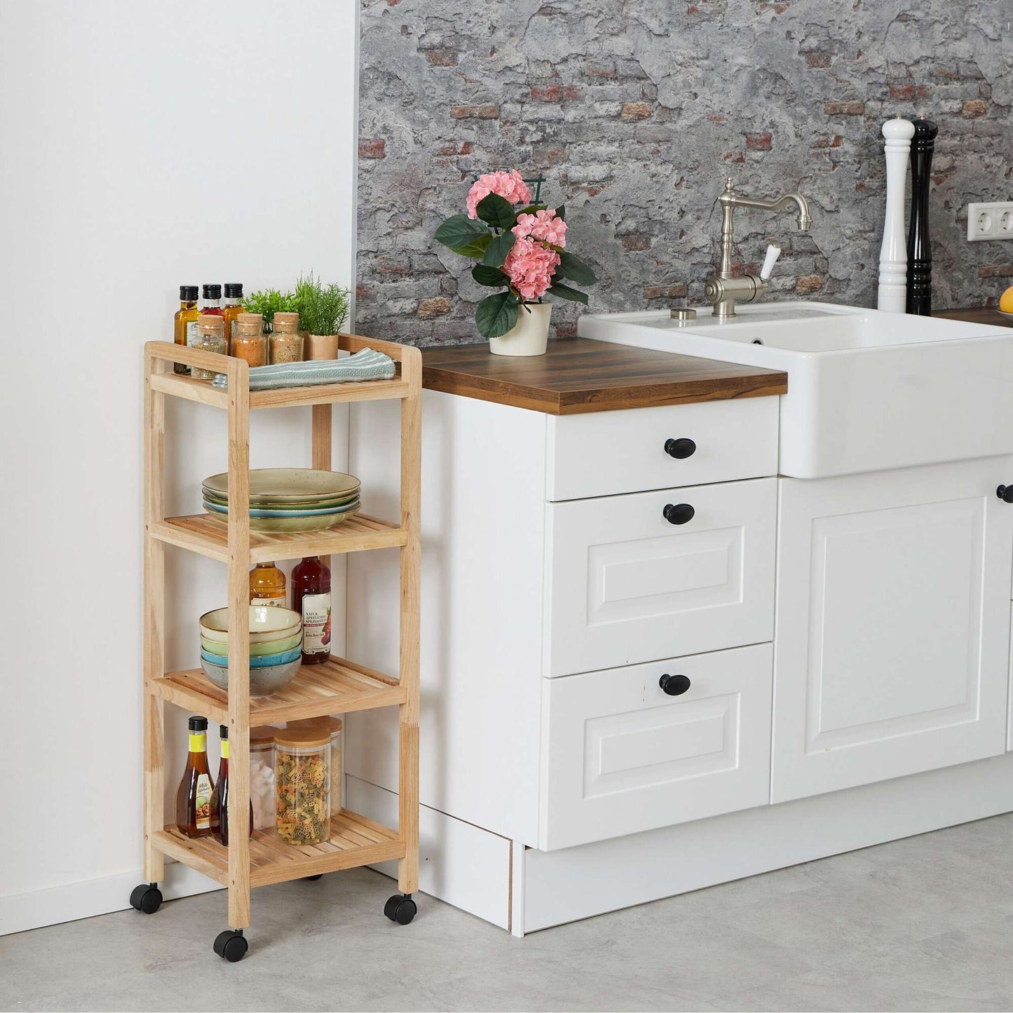 Wooden bathroom shelf with wheels