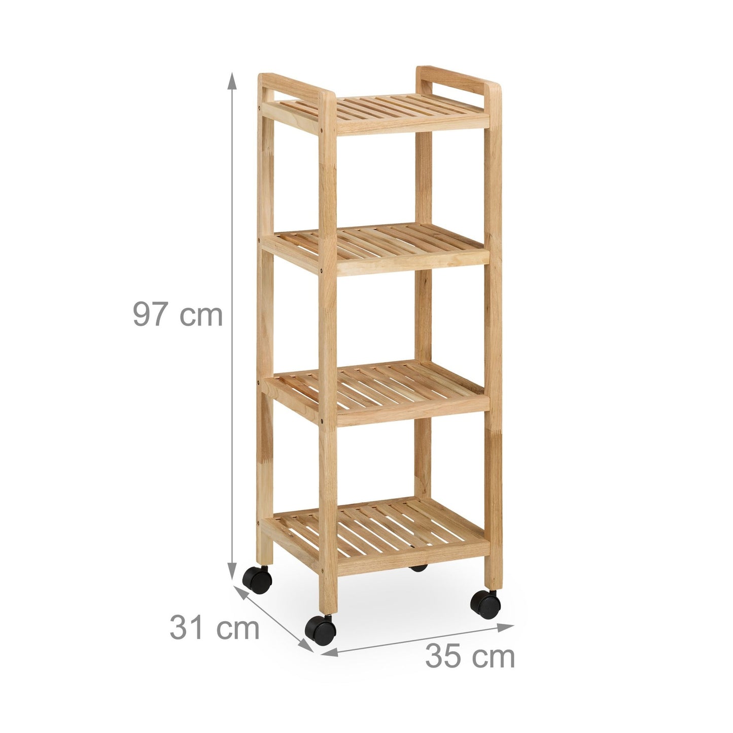 Wooden bathroom shelf with wheels