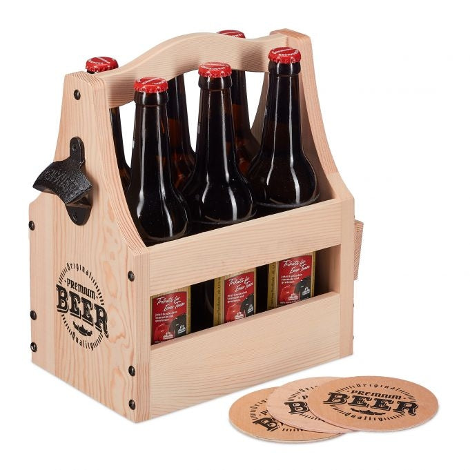 Wooden beer holder with bottle opener