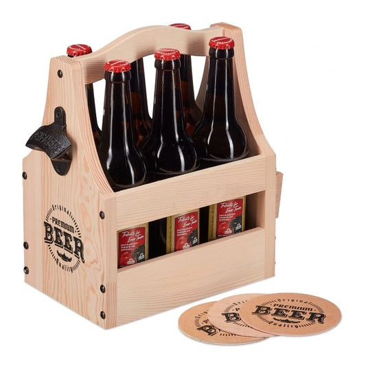 Wooden beer holder with bottle opener